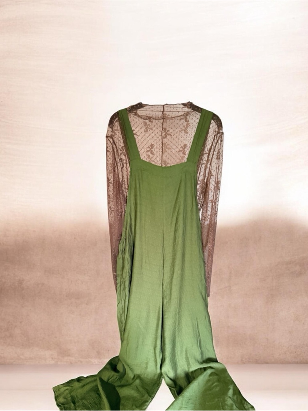 Women’s Olive Green Wide-Leg Linen like Jumpsuit W/Daisy Embroidery & shear top - Picture 4 of 5